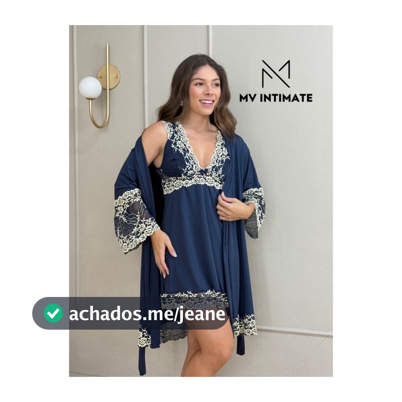 Kit Robe e Camisola Curto Luxo em Microfibra Light com Renda Bicolor