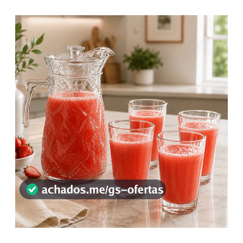 Kit 5 Peças 1 Jarra de Vidro 1,8 L + 4 Copos Alto em VIDRO LISO Jarro com TAMPA Agua Suco Cha