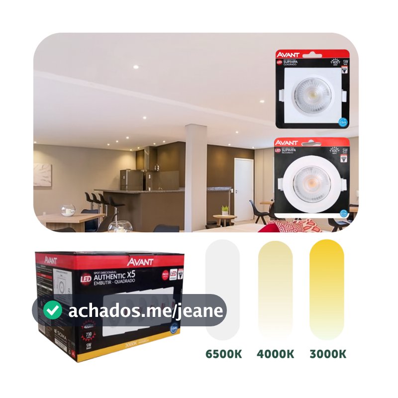 Kit 5 Spot Led Embutir 5w Quadrado/Redondo 9cm Luminária Teto Gesso Sanca Forro Dicroica MR16 Avant