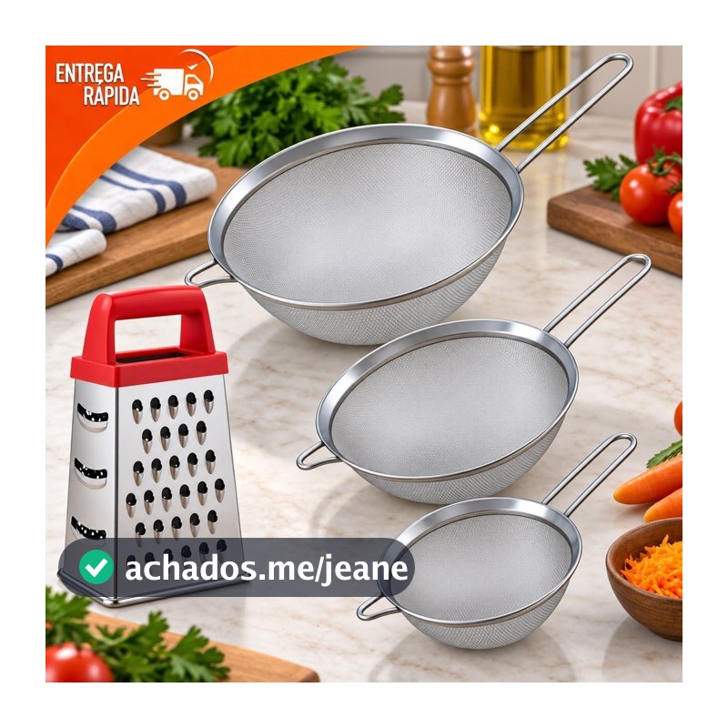Peneira Coador Inox Com Até 4 Variaçoes  Peças Ralador Peneiras Inox 20+12+10 cm Casa Cozinha Lanchonete Ralador Peneira