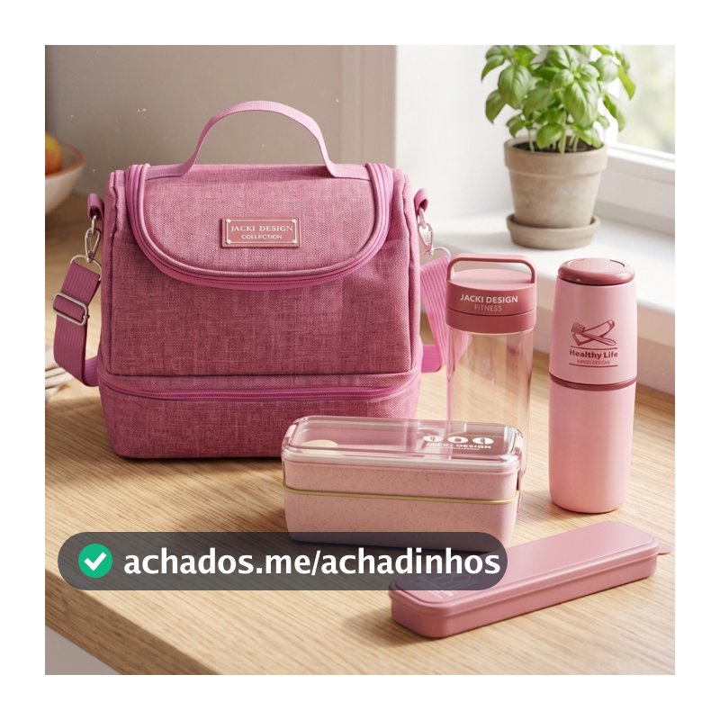 Kit de Bolsa Térmica c/ 2 Compartimentos, Copo e Marmita, Porta Talher e Porta Escova