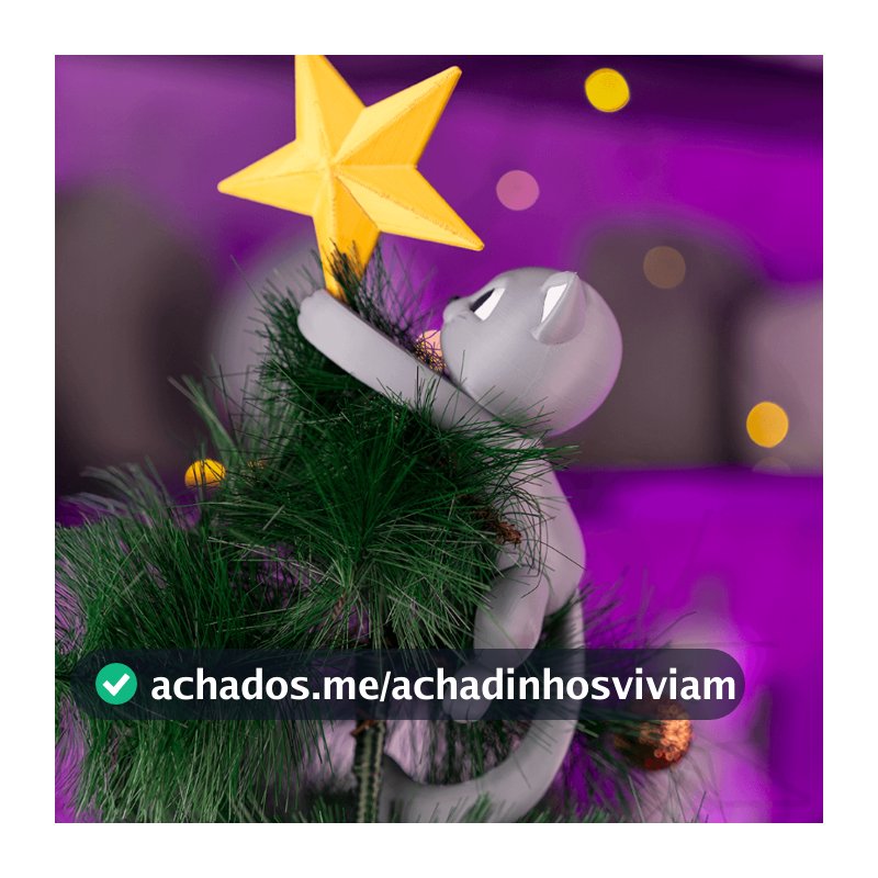 Topo de Árvore de Natal - Gato Subindo na Árvore com Estrela – Estrela Fofa de Natal
