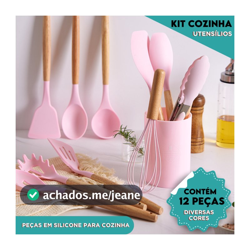 Kit Utensílios de Cozinha Silicone Cabo Madeira Resistente Calor Espátula Colher Antiaderente 4 5 ou 12 Peças