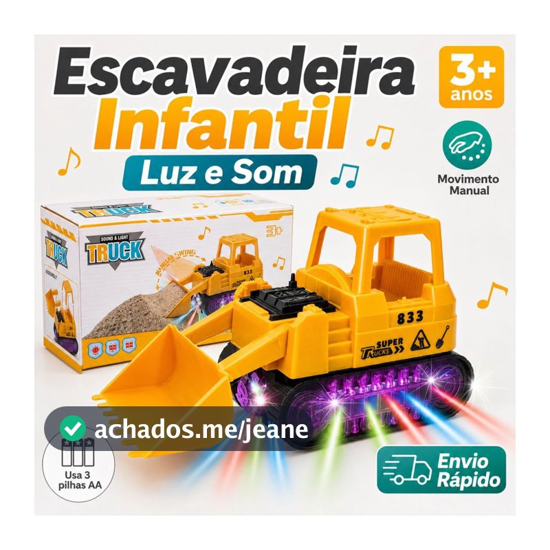 Escavadeira Infantil Brinquedo com Luz e Som Movimento Manual Pá Articulada Trator de Construção