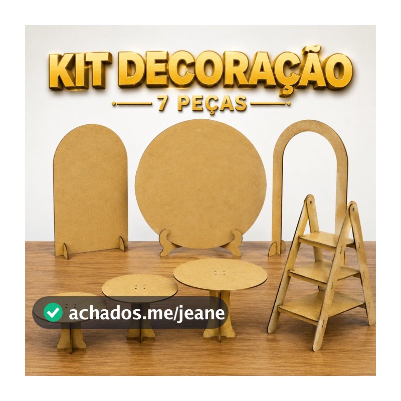 Kit Decoração Festa 7 Peças MDF Trio Boleiras Painel Redondo Romano Escada Provençal Mesa Aniversário Batizado Casamento