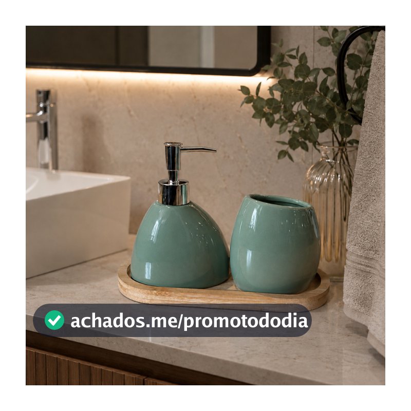 Kit Banheiro Lavabo 2 Peças + Bandeja de Bambu Porta Sabonete Líquido Suporte p/Escovas Em Cerâmica