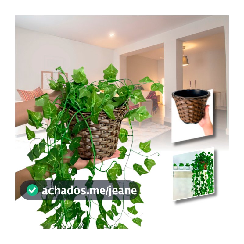 Planta Decorativa + Vaso Trançado Marrom 3 Pendentes Artificial Folhas de Hera Begonia Jiboia