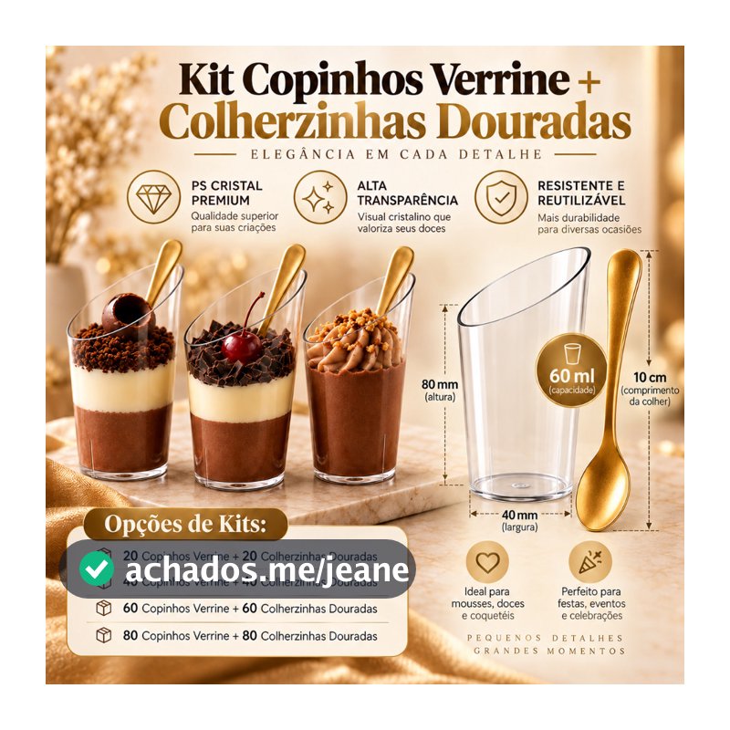 Kit Copinho Verrine 60ml + Colherzinha Dourada Sobremesa Acrílico Mousse Doces Festa Buffet Aniversário