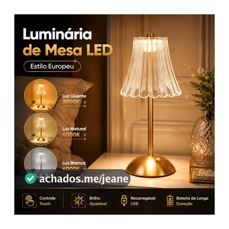 Luminária de Mesa LED Abajur Cristal Touch Recarregável 3 Cores Sem Fio Candeeiro Cabeceira Quarto Sala Decoração