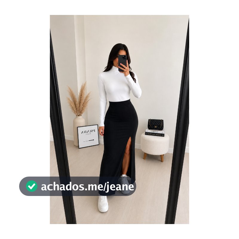 Conjunto Feminino Blusa Longa Gola Alta Manga Longa + Saia Midi Com Fenda Lateral