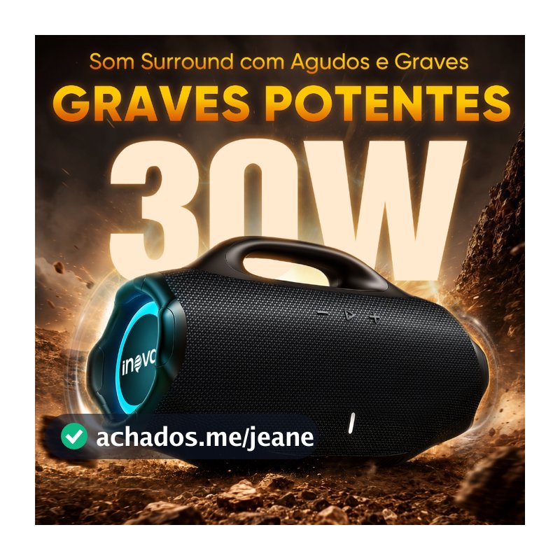 INOVA Caixa de Som Bluetooth 30W Potente IPX6 RGB TWS Bateria 3000mAh 8h Portátil USB TF
