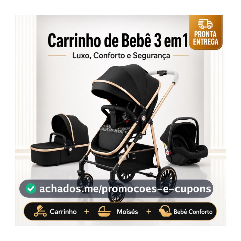 Carrinho De Bebê 3 Em 1 Premium Luxo Moisés + Bebê Conforto Completo Reclinável Rodas Com Amortecedor Kit Enxoval Segura
