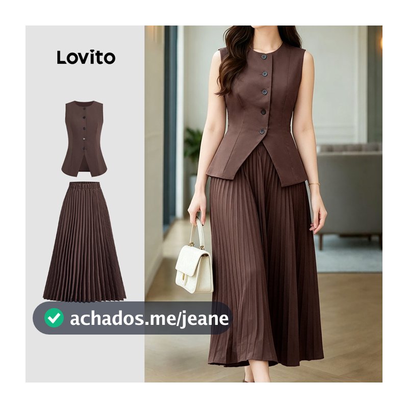 Lovito Elegantes Tops ou Saias com Botões Frontais Pregas Primavera/verão marrom L196LD495