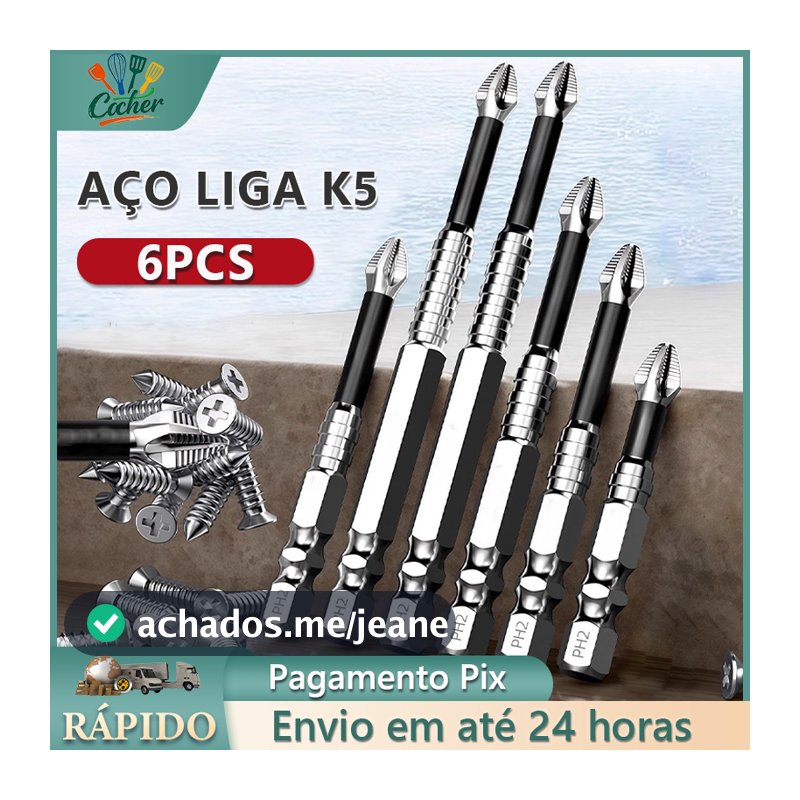 Kit 6 Ponta Bits Magnéticas K5 Ph2 Philips Alta Dureza e RImpactos Para Chaves Elétricas