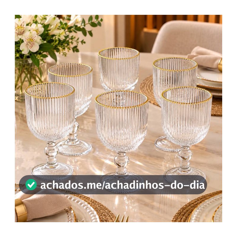 KIT 6 Taça com Borda Dourada 340ml Canelado