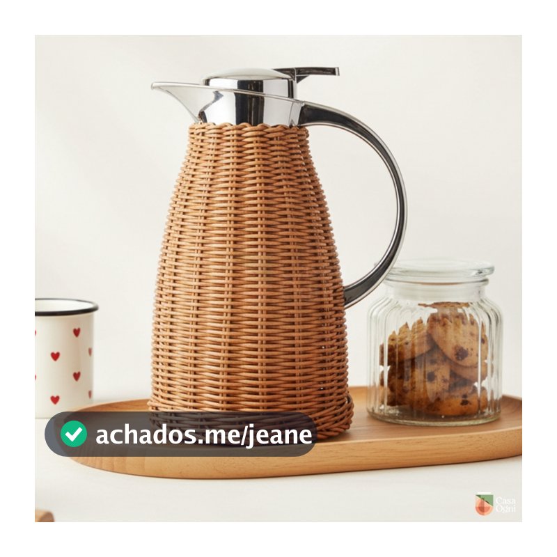 Garrafa Térmica 1,5L de Aço Inox com Rattan Marrom ou Bege para Café Chá com Alça