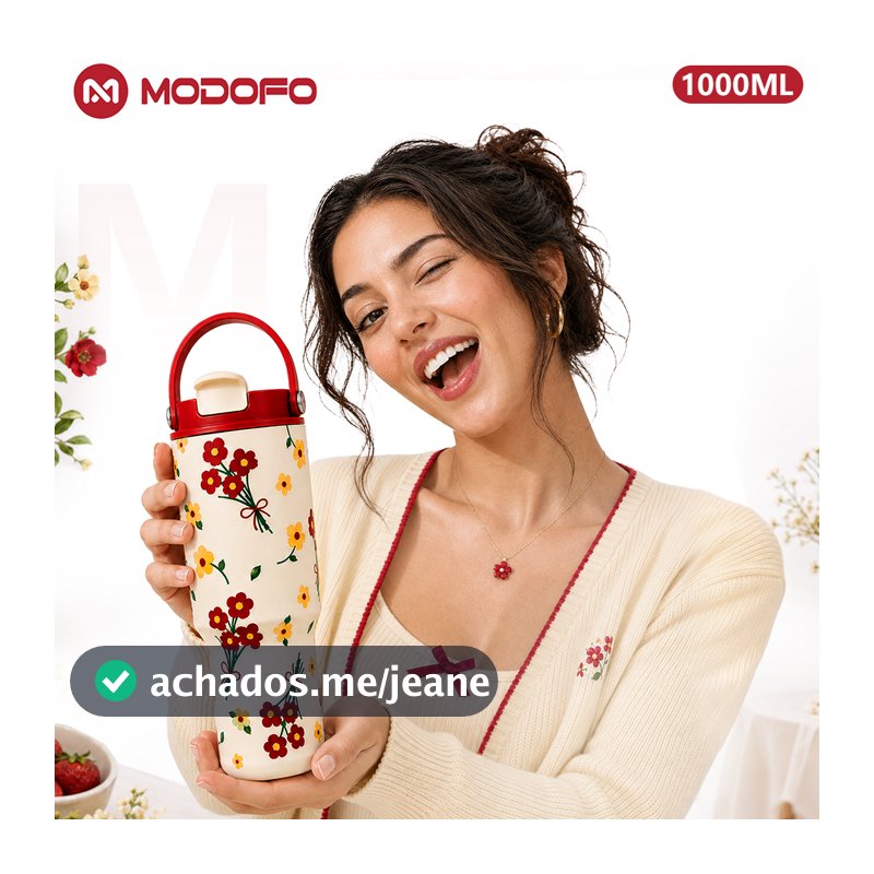 Garrafa Térmica 1 litro Feminina Estampada Fashion Inox 304 Antivazamento com Canudo e Alça para Quente e Frio MODOFO