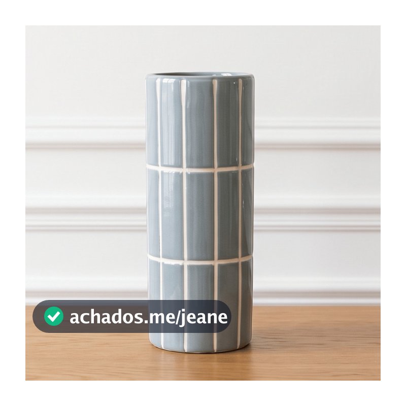 Vaso Decorativo Cerâmica Azul Serenity Cilíndrico Linhas Quadriculadas 26x10cm
