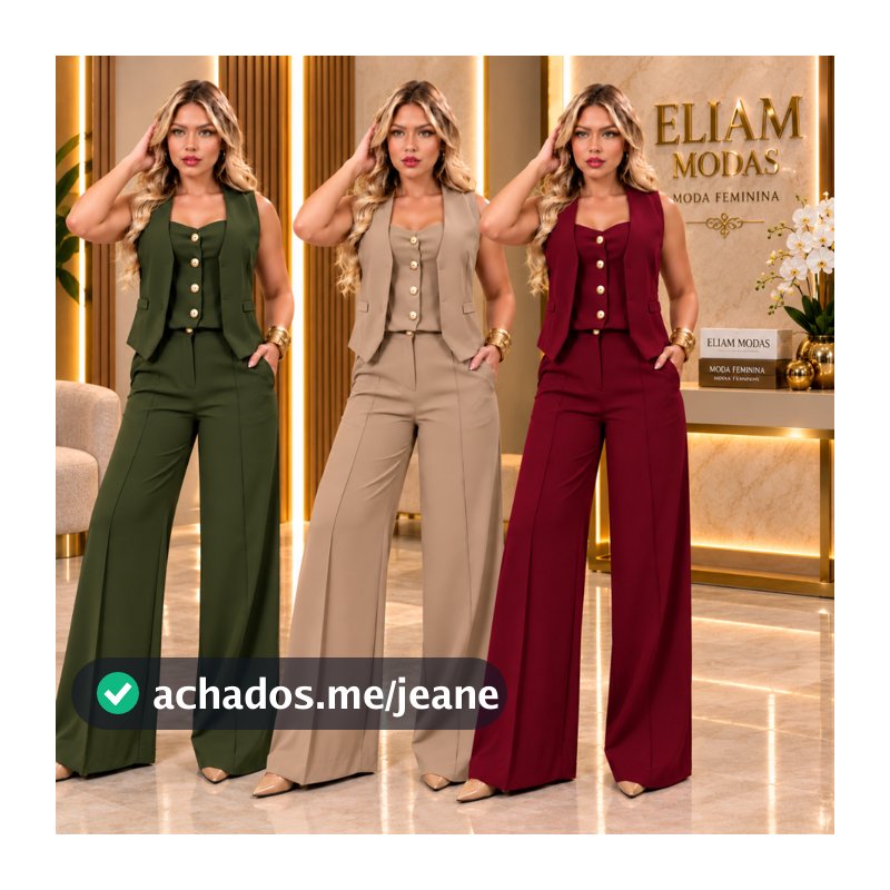 Conjunto Feminino Poá Calça Pantalona e Colete liso Decote V Com Botões dourado social Alfaiataria Premiun