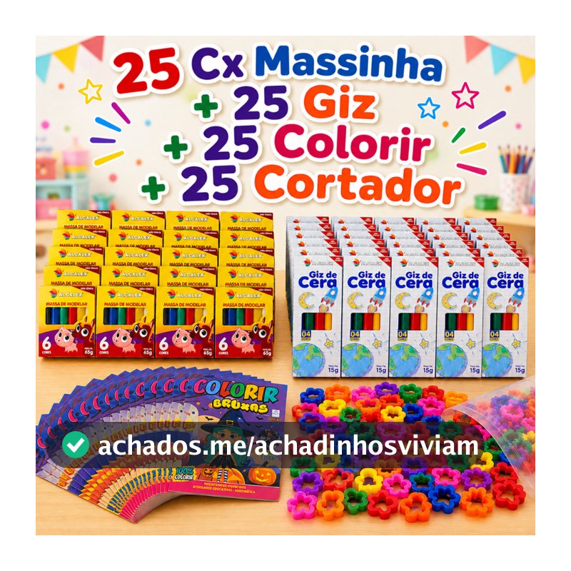25 Cx Massinha de Modelar + 25 Colorir/Atividades  + 25 Giz Cera + 25 Cortador Kit Festa Lembrancinha Infantil