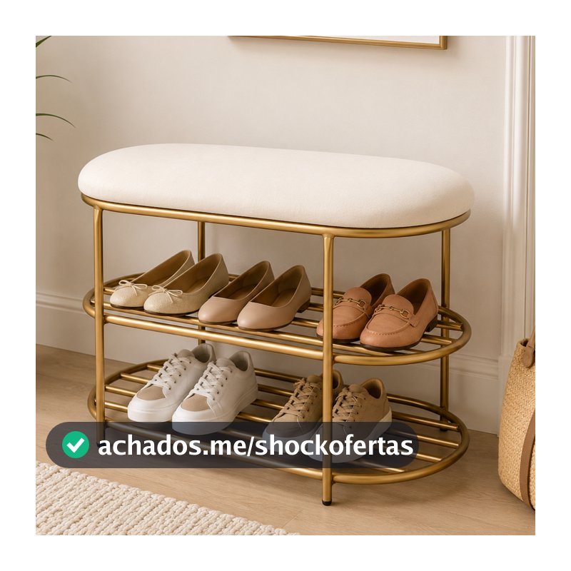 Sapateira Banco 2 Andares Dourada Design Moderno Organizador de Sapatos com Assento Estofado Hall