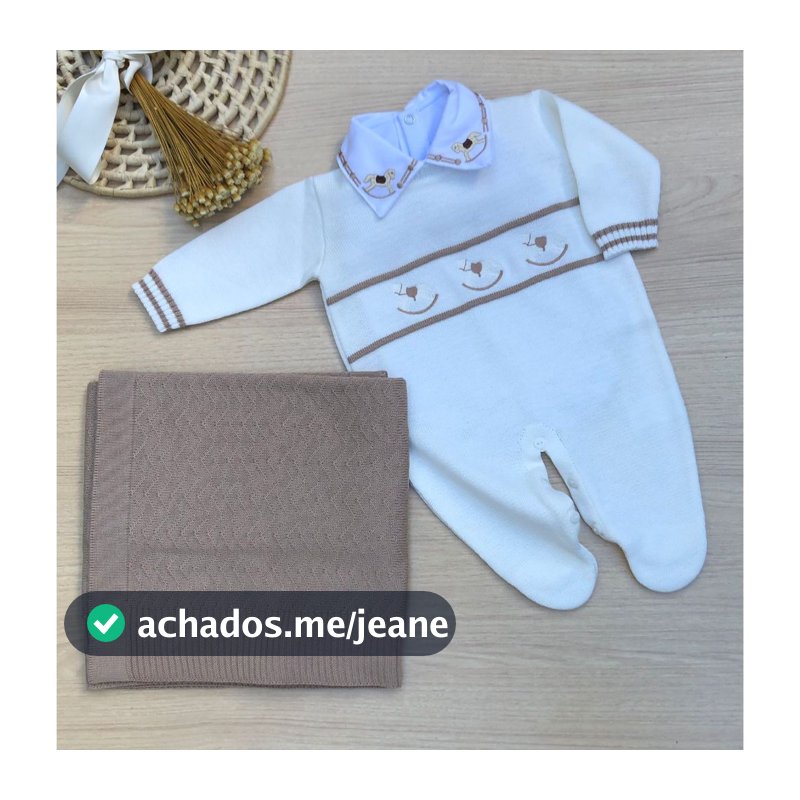 Saída de maternidade menino macacão cavalinho balanço tricot 3 peças