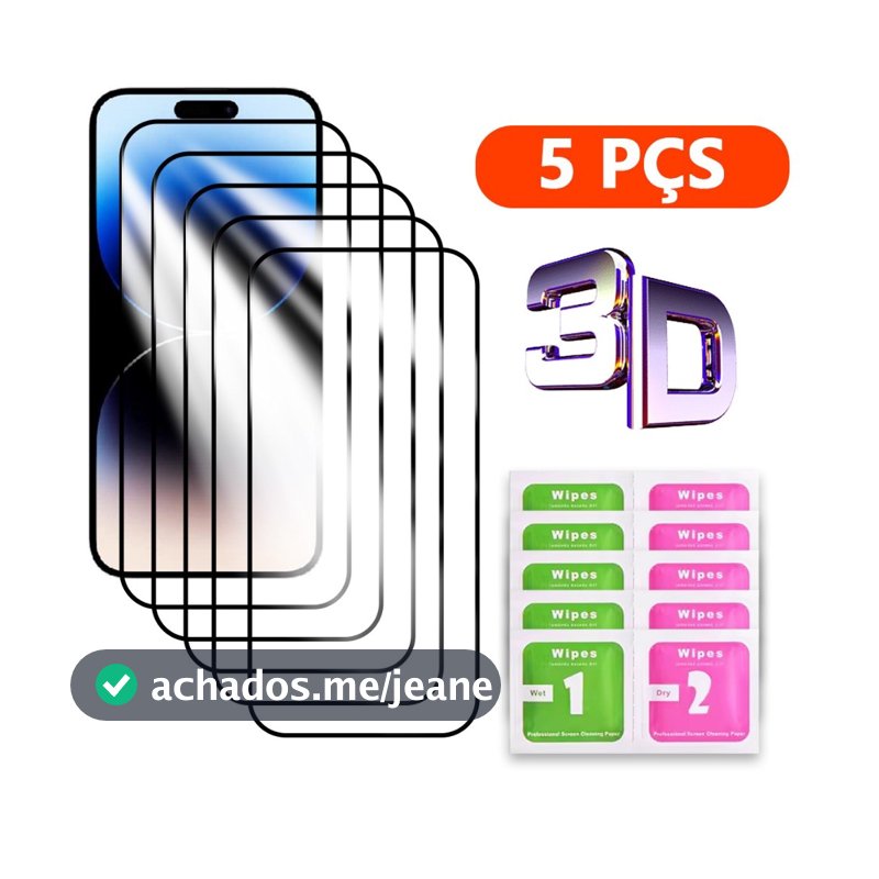Compatível linha IPhone11 a 18 Pro Max, Película 3D Vidro Temperado, Kit 5 Unid. Oferta