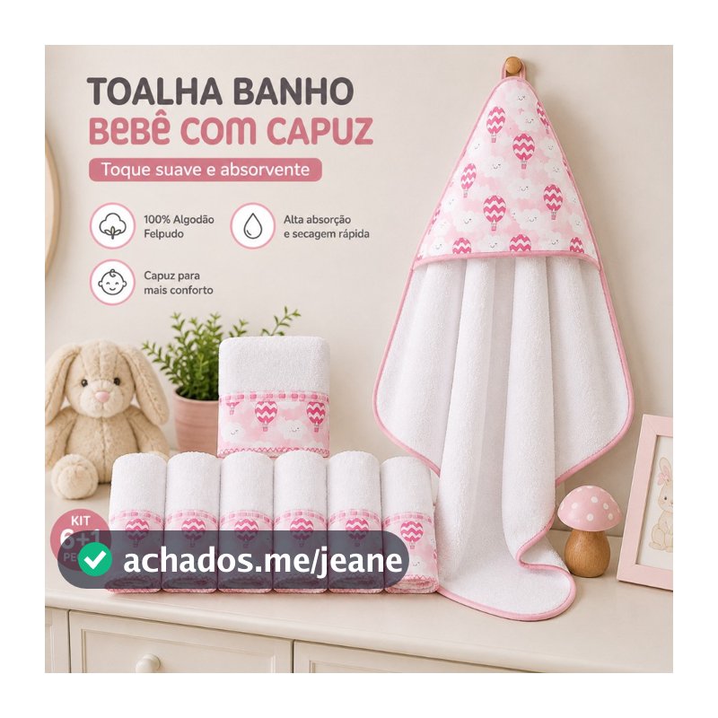 Toalha de Banho Bebe com Capuz + Kit 6 Toalhinhas Boca Bebê Babete Estampas Suaves e Delicadas