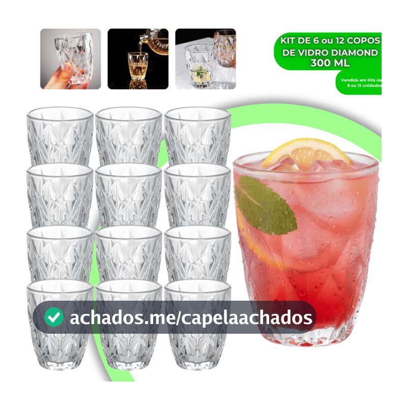 Jogo Copos Diamond 300ml Vidro Grosso Diamante Luxo Resistente Transparente Elegante Moderno 12 ou 6