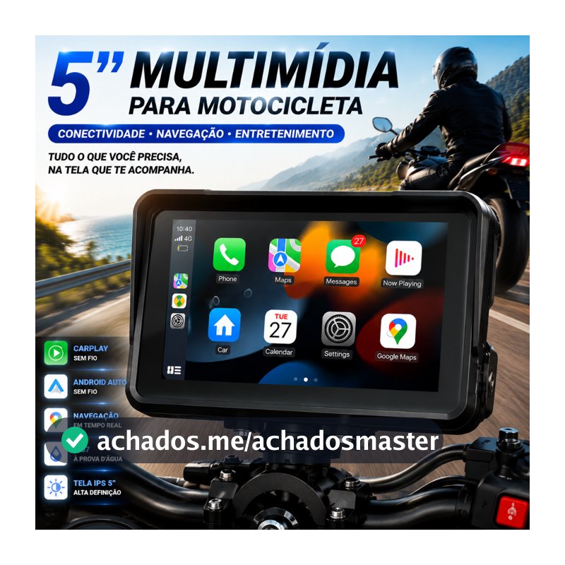Central Multimídia Moto 5" Universal GPS Navigator MP5, Bluetooth CarPlay Android Auto, Tela Touch IP67 à Prova d'Água