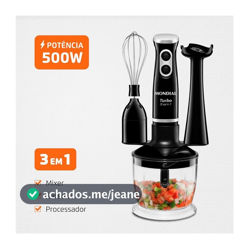 Mixer Mondial M-14 500W 3 em 1 Preto - Tritura, Bate e Mixa com Lâminas de Aço Inox