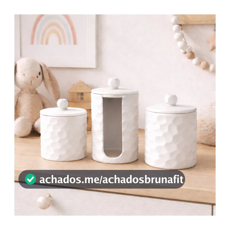 Kit Higiene Bebê Criança Luxo 3 Peças Porta Algodão Cotonete e Laços Maquiagem Organizador Decorativo Infantil
