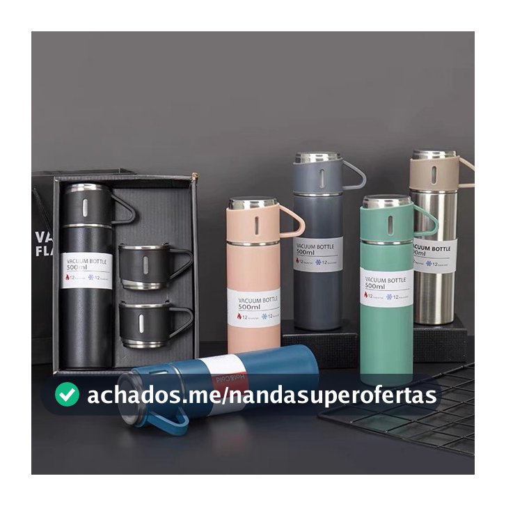 caneca Kit Garrafa Térmica Vacuum Bottle Inox 500ml  um ou  3 Xícaras Bebidas Fria ou Quente
