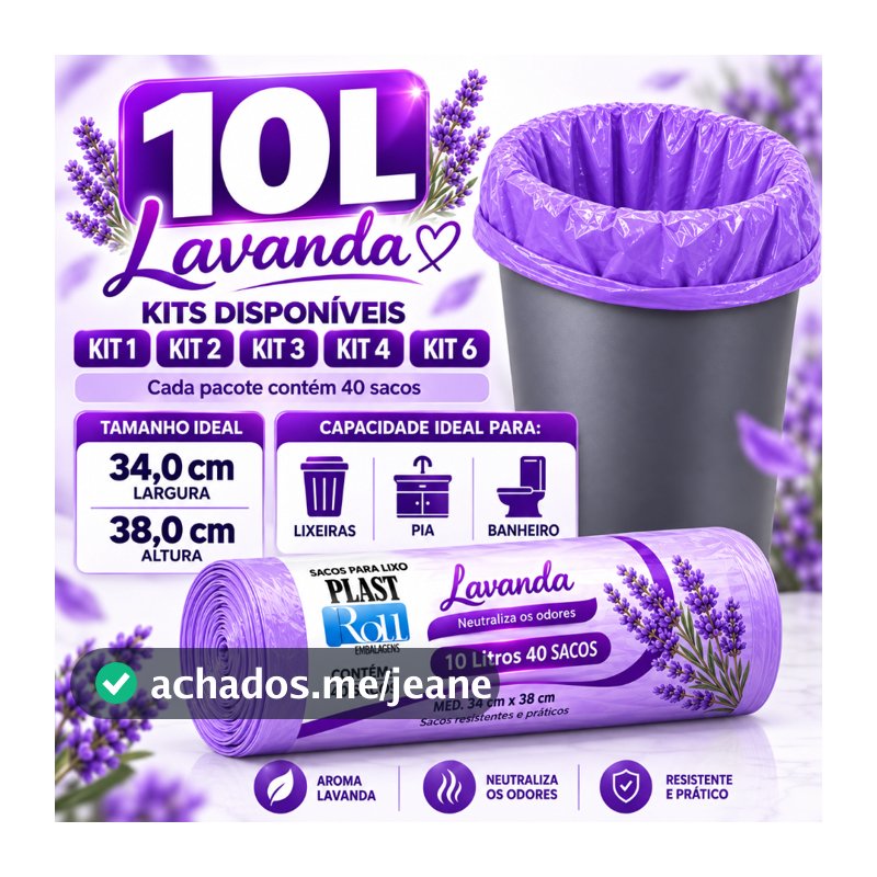 Kit Saco de Lixo Perfumado Lavanda 10L Anti Odor Banheiro Pia Cozinha Lixeira 40 Sacos por Rolo