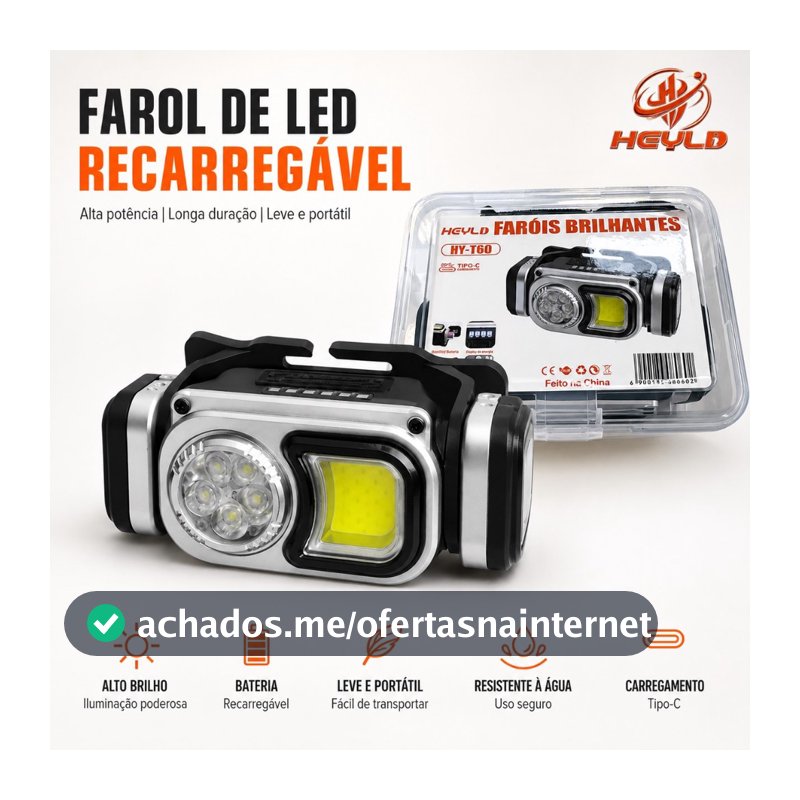 Lanterna de Cabeça Profissional LED COB USB Recarregável até 6 Horas de Uso Contínu