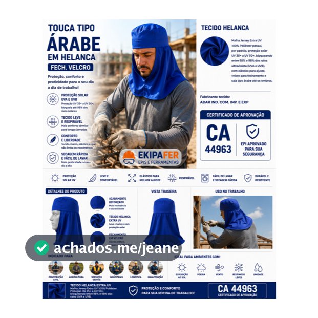 Touca Tipo Árabe Helanca Proteção UV CA 44963 Fechamento Velcro para Sol, Agricultura, Pesca e Construção