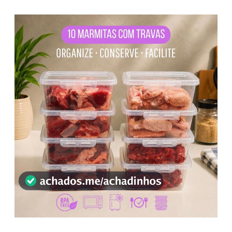 Kit 10 Potes Marmitas 900ml com Travas Laterais Congela Fácil BPA FREE Fitness Empilhavel Com  Tampa