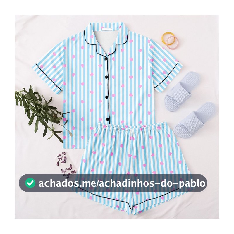 Pijama de Botão Americano Feminino Blogueira Estiloso Temático Meia Manga Short Doll Fofo