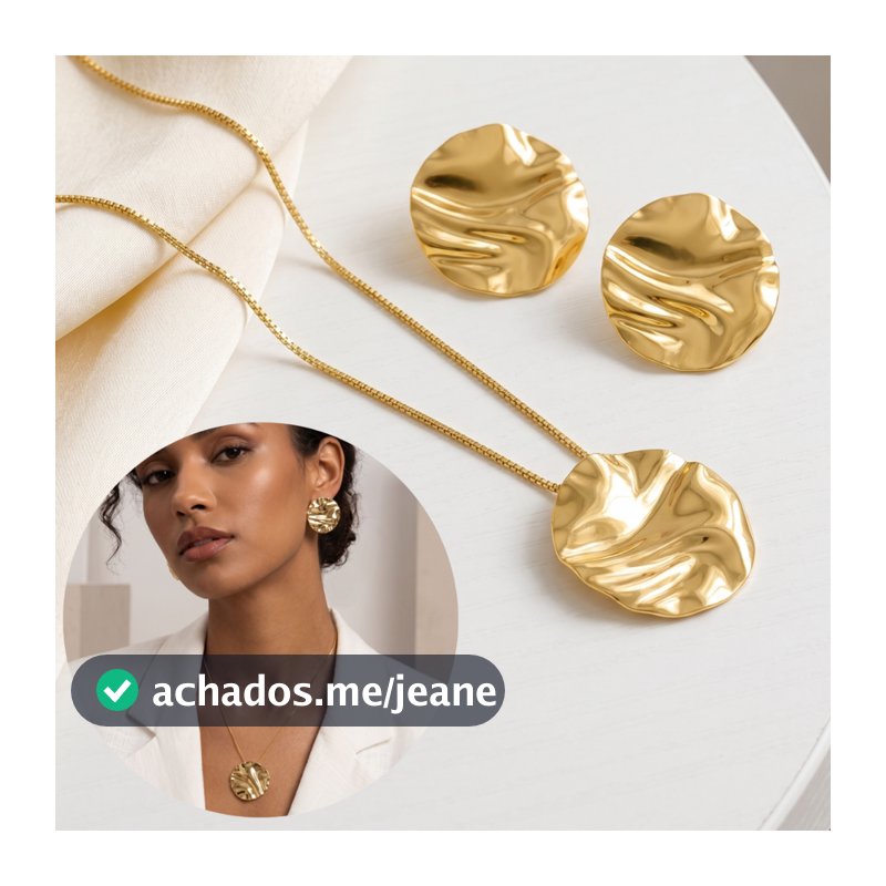 CONJUNTO BRINCO E COLAR REDONDO AMASSADO BANHADO A OURO