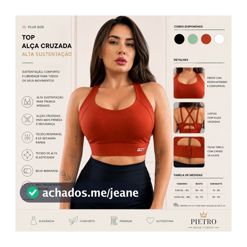 Top Feminino Azyt Regulável Esportivo Alta Sustentação e Costas Com Alças Cruzadas Fecho De Sutiã