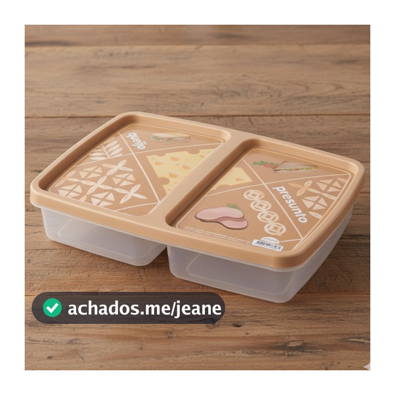 Pote Retangular Bege Porta Frios Queijo Mussarela Presunto Plástico Decorado 2 Divisórias Plasutil