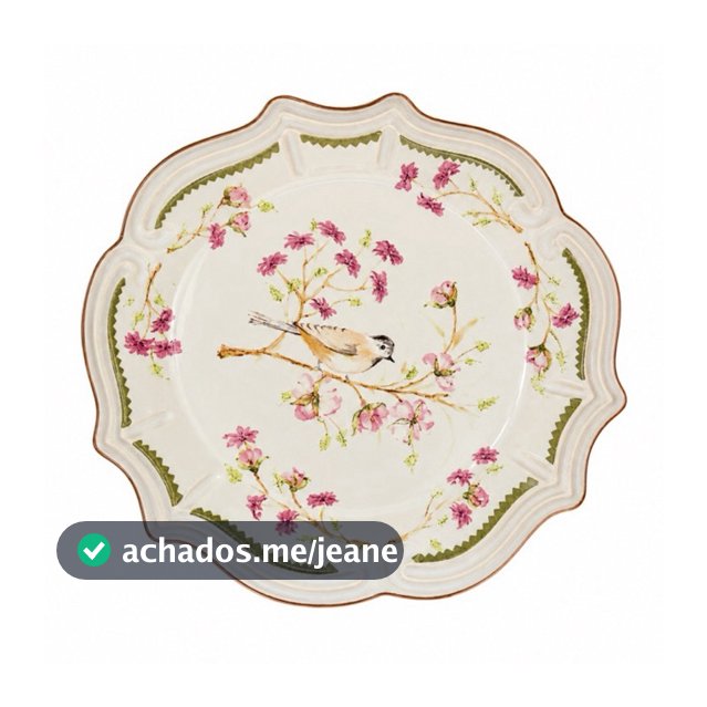 Prato de Cerâmica 29cm Floral com Pássaro Vintage Elegante