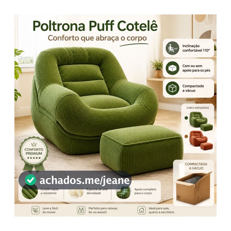 Poltrona Puff Cotelê Confortável com ou sem Apoio para Pés para Sala Quarto Leitura e Descanso