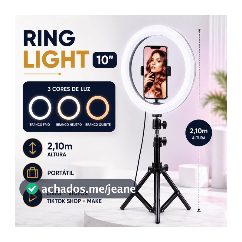 Ring Light Anel de Luz LED 10 Polegadas com Tripé 2,1m Suporte Celular Iluminador TikTok YouTube