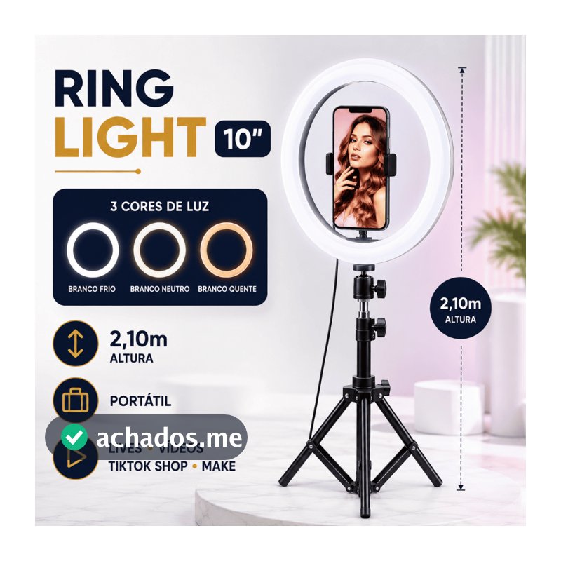 Ring Light Anel de Luz LED 10 Polegadas com Tripé 2,1m Suporte Celular Iluminador TikTok YouTube