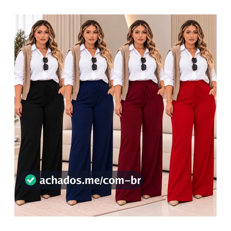 Calça Pantalona Feminina Plus Size Canelada Com Elastico na Cintura Curvy +