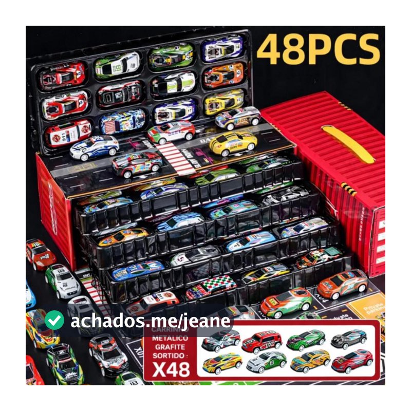 Kit 48 Carrinhos Metálicos Com Maleta E 2 Pistas Caixa Vira Mapa Brinquedo Infantil Kit Mini Carrinho Container