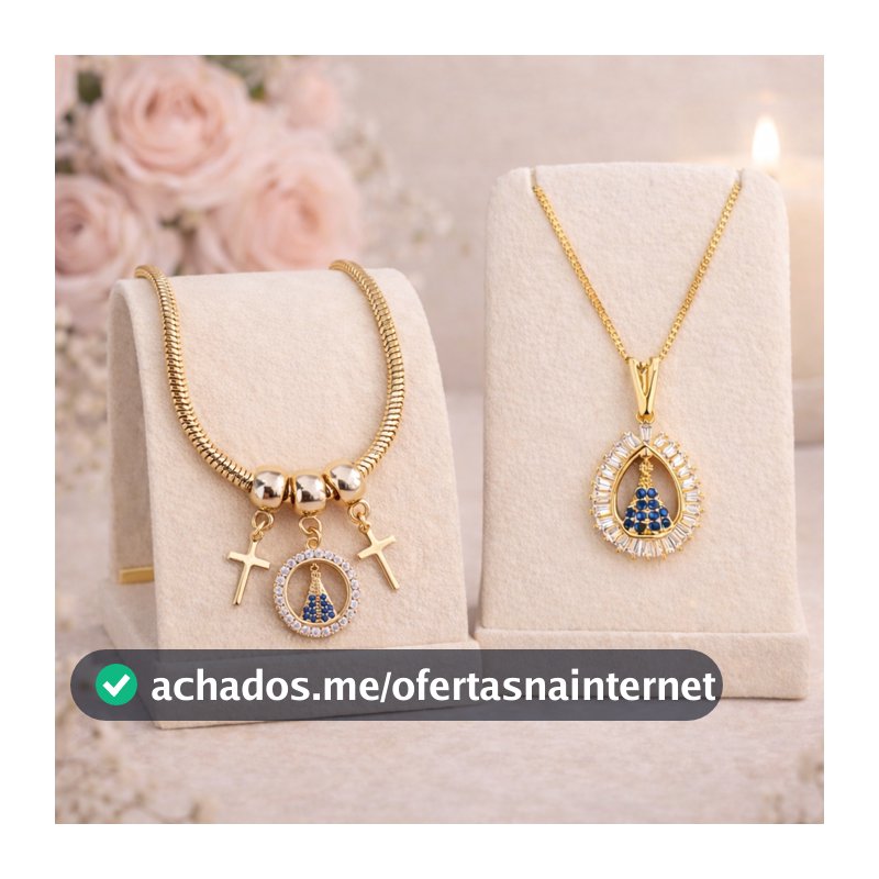 Kit Pulseira Pingente + Colar Gota Cravejada Nossa Senhora Aparecida Folheado a Ouro 18K
