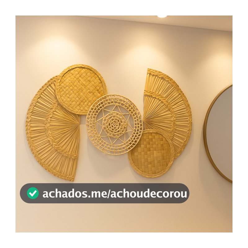 Decoração Parede Boho Composição Palha Natural Premium | Quadro Artesanal Rústico Sala Quarto | Kit Decorativo Boho Chic