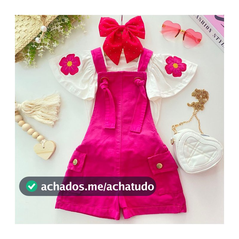 Conjunto Infantil Jardineira Jeans Short C/Blusa Flor Bordada Luxo Menina Blogueirinha Fashion Diva